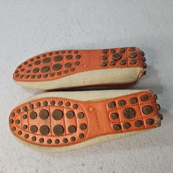 TORY BURCH Womens Driving Moccasins Sz 6 Orange Leather Canvas Loafers Tan - Picture 5 of 6